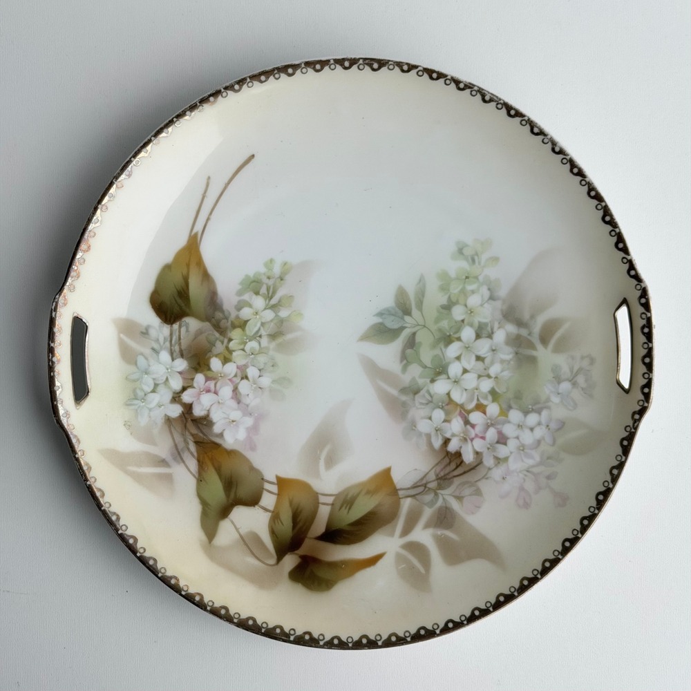 VTG RS Germany Floral Porcelain Handled Cake Plate White Lilacs Gold Trim 10"